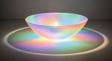 Translucent curved vessel refracts light creating a spectrum of colors on a surface
