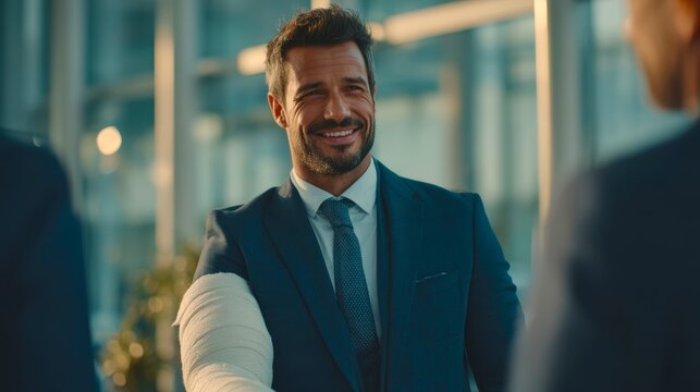 Professional man in suit smiling with arm bandage in office setting