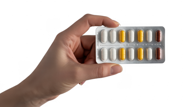 Hand holding blister pack of white yellow and brown capsules isolated on a transparent background 1