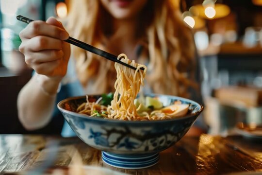 Cropped hand of woman eating a bowl of freshly served traditional Japanese ramen with chopsticks device brush dish. - Powered by Adobe