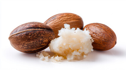 three peas (shea or karite) with a brown textured scallop, a crushed parcel of humped cups of creamy, light beige shea butter on a white background