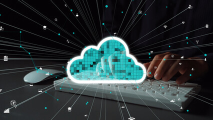A conceptual image representing cloud computing technology, showcasing a glowing cloud icon amid data graphics and a keyboard, emphasizing digital connectivity and innovation. Xenic