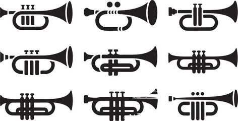 Collection of nine black trumpet silhouettes with white background brass instrument musical instrument