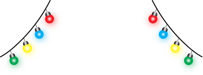 Colorful lights on string with red, blue, green, and yellow bulbs, on transparent background for festive holiday decoration design