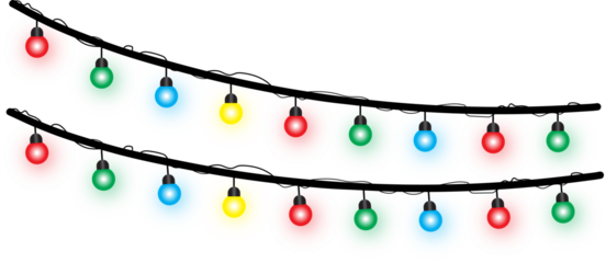 Vector graphic showing two wavy lines of glowing multi-colored string lights on a black cable, creating a festive illumination border perfect for holiday flyers, banners, and decorative backgrounds