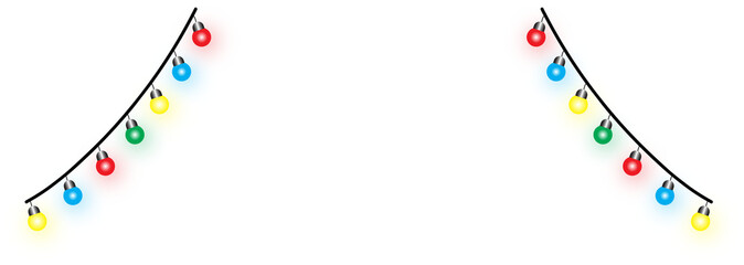 Vector graphic of twelve brightly glowing multi-colored string lights hanging in two separate arcs...