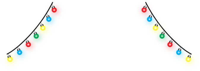 Vector graphic of twelve brightly glowing multi-colored string lights hanging in two separate arcs from a black cable, perfect for holiday borders, festive party flyers, and decorative banner designs