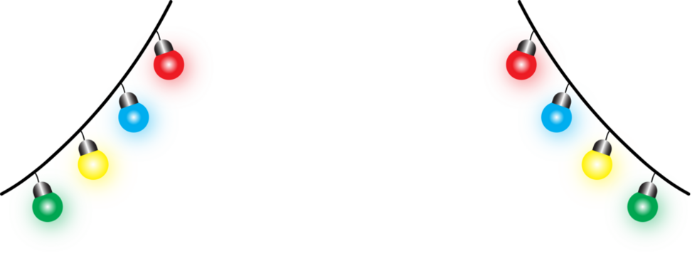 Colorful lights on string with red, blue, green, and yellow bulbs, on transparent background for festive holiday decoration design