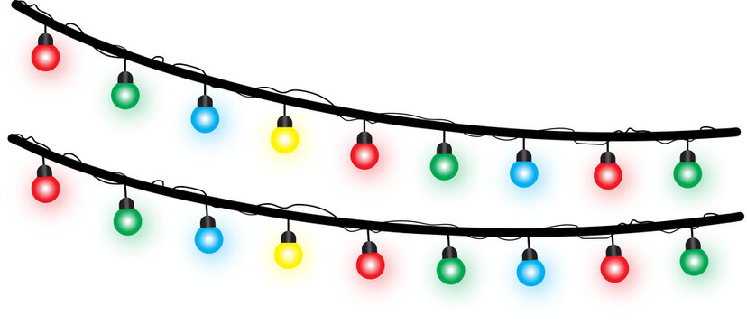 Vector graphic showing two wavy lines of glowing multi-colored string lights on a black cable, creating a festive illumination border perfect for holiday flyers, banners, and decorative backgrounds