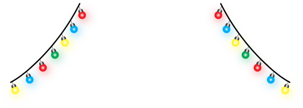 Vector graphic of twelve brightly glowing multi-colored string lights hanging in two separate arcs from a black cable, perfect for holiday borders, festive party flyers, and decorative banner designs