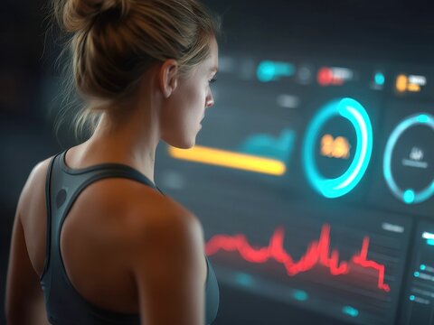 Young Woman Analyzing Data on Digital Screen with Vibrant Graphics