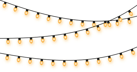 Vector graphic showing three overlapping wavy lines of glowing yellow string lights, creating a dense festive illumination border perfect for celebration flyers, banners, and decorative backgrounds