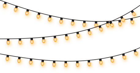 Vector graphic showing three overlapping wavy lines of glowing yellow string lights, creating a dense festive illumination border perfect for celebration flyers, banners, and decorative backgrounds