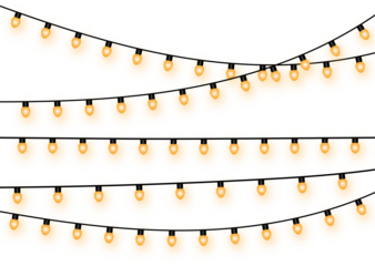 Warm glowing yellow string lights hanging in multiple curved rows creating festive decorative illumination for celebrations parties events on transparent background holiday light design
