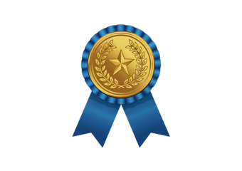 Gold medal with star and wreath in center and blue ribbon award isolated on transparent background with clipping path