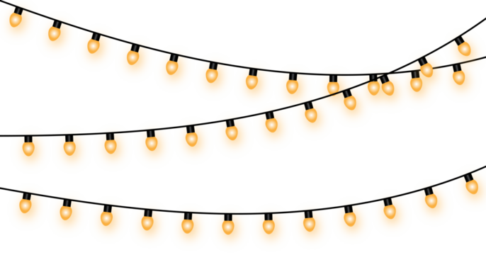 Vector graphic showing three overlapping wavy lines of glowing yellow string lights, creating a dense festive illumination border perfect for celebration flyers, banners, and decorative backgrounds