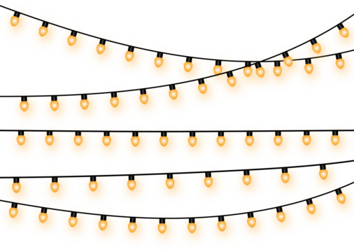 Warm glowing yellow string lights hanging in multiple curved rows creating festive decorative illumination for celebrations parties events on transparent background holiday light design