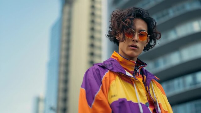 Young man posing confidently in a colorful windbreaker against a city backdrop during golden hour
