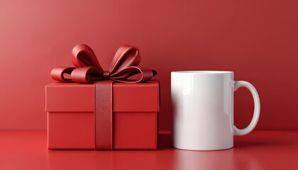Red gift box with a bow and white coffee mug on red background. Present for birthday anniversary or Valentine Day. Blank mug mock up for branding corporate identity.