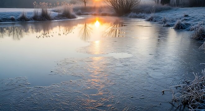 Frosty river landscape with sunset reflection and ice in winter  