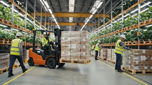 Industrial warehouse operations with a forklift transporting stacked pallets of goods. Workers in safety vests manage inventory and logistics for efficient distribution