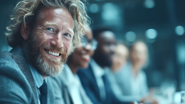 Smiling Businessman in Conference Room with Diverse Professionals