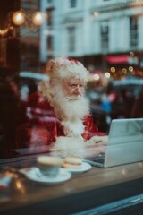 Santa Claus working on a laptop in a cozy cafe. Urban winter backdrop, soft bokeh, coffee cup nearby, festive business concept.