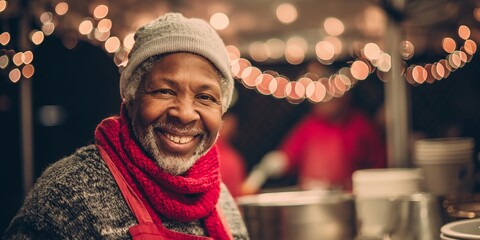 Smiling volunteer in beanie and scarf serving hot food for homeless from pots at night market with warm bokeh lights. Kind holiday volunteering, generous Christmas spirit vibe helping needy.