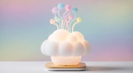 Illuminated decorative object resembling a cloud with colorful, whimsical stalks stands on a light surface against a soft pastel background.