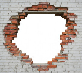 Obraz premium Circular Hole In A Brick Wall With White Background.