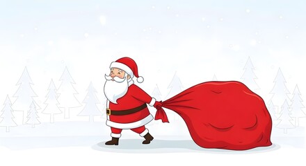 Santa claus pulling a large red sack full of presents through a snowy winter landscape, ready to deliver gifts for christmas holiday