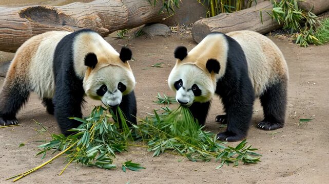 Two playful pandas feast on bamboo, showcasing their natural behavior in a serene environment, filled with lush greenery and logs