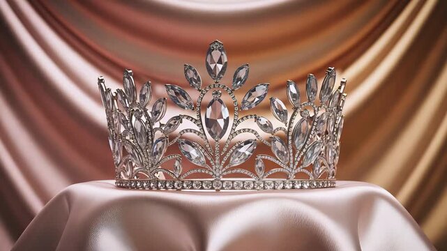 Cinematic Video of Miss Beauty Pageant Crown on Satin Pedestal with Diamonds and Crystals