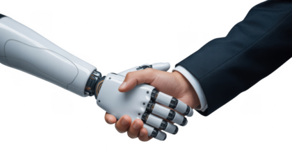 Human hand shaking robotic hand in agreement isolated on a transparent background