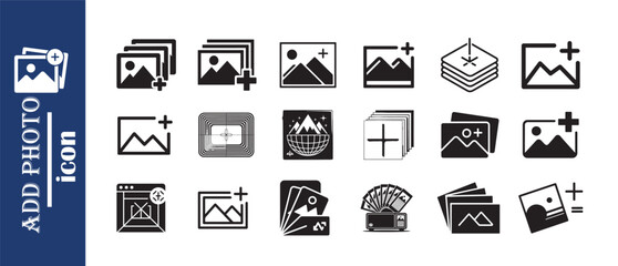 Add photo collection icon, photography and image gallery sign, stack of photos with plus symbol
