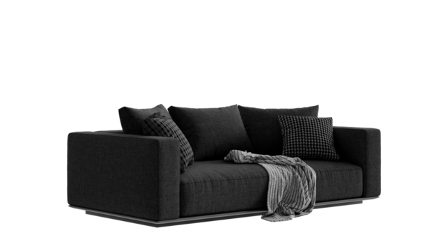 Isolated black sofa on a transparent background. Furniture for collages, graphics designs, and presentations.
