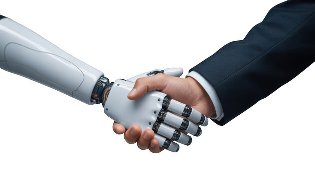 Human hand shaking robotic hand in agreement isolated on a transparent background