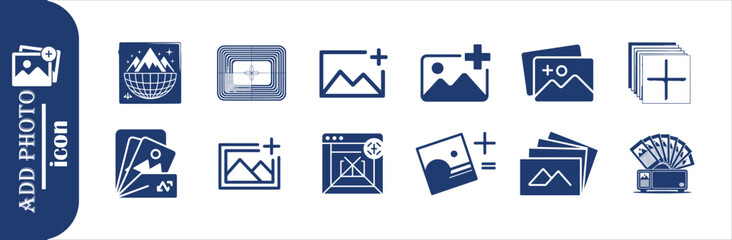 Add photo icons set with various styles showcasing image adding functionalities for web and mobile apps