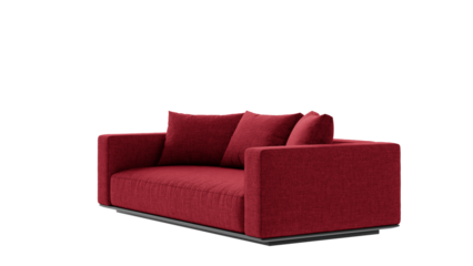 Modern red couch with pillows on a transparent background.

