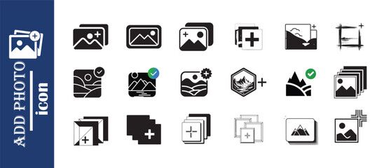 Extensive add photo icon set featuring various styles for image uploads and gallery management