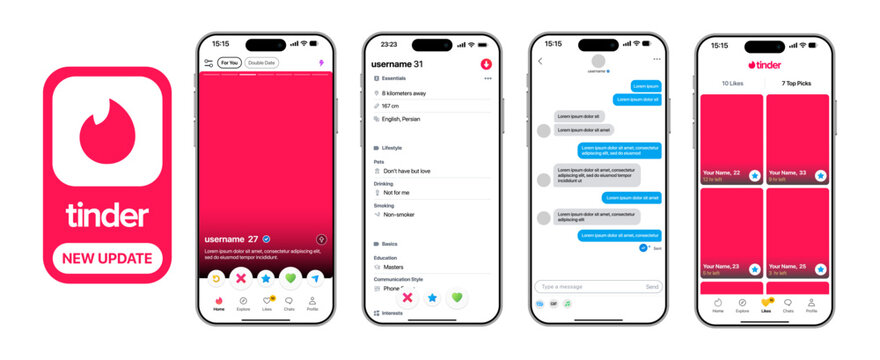 Tinder full experience layout showing home swipe cards matches messages profile edit settings like superlike boost chat preview and complete modern mobile interface vector illustration