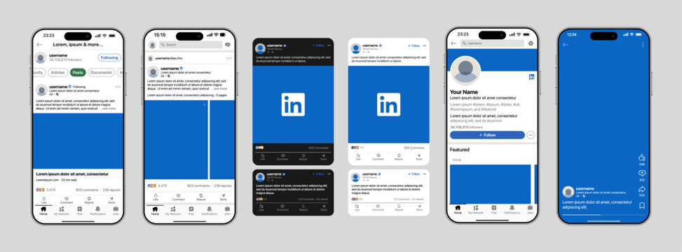 LinkedIn advanced feed mockup showing posts videos insights reactions comments repost save options carousel layout messages jobs alerts and full professional network interface vector illustration