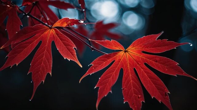 A close-up shot of a vibrant red leaf on a tree branch, with natural texture and detail