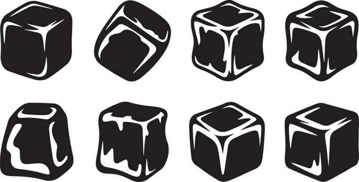 Eight black silhouette ice cubes with frosty texture on white background Keywords: ice, ice cube, frozen, cold, drink, beverage, refreshment, water, cube, geometric, shape, solid, clear
