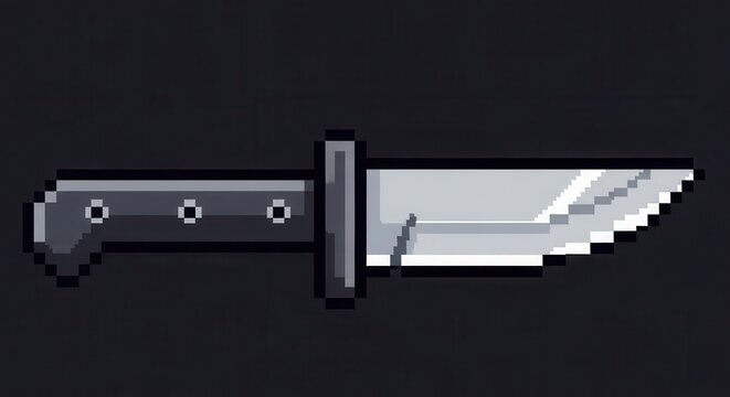 Pixelated fixed blade utility tool depicted in grayscale tones