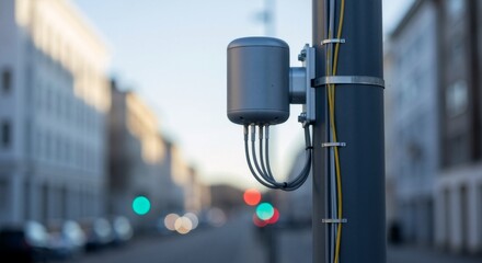 5G network antenna mounted on a pole in a city street. Wireless internet transmitter technology. Urban smart city infrastructure concept