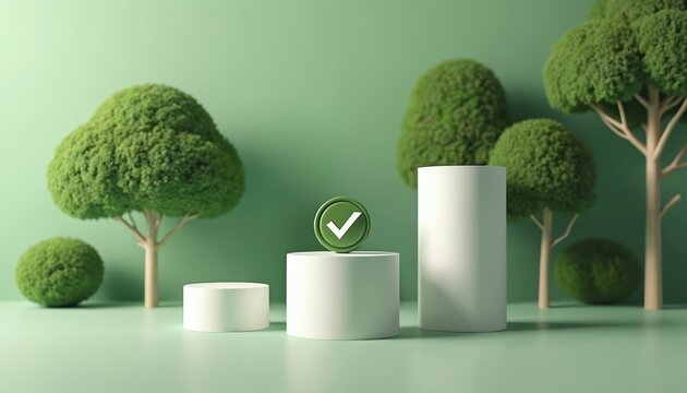 Modern office digital art of sustainable green finance icons. Close-up of corporate responsibility symbols in finance. Green checkmark on white cylinders surrounded by nature-inspired trees, spheres
