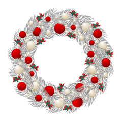 Christmas pine wreath with red bow and ornaments. Vector illustration