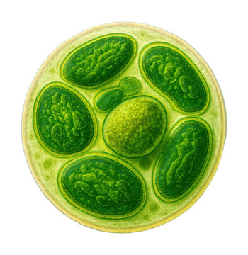 Phase contrast image of an algae cell showing chloroplasts and pyrenoid body.