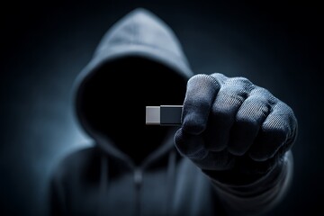 Hacker holding usb drive, data theft concept